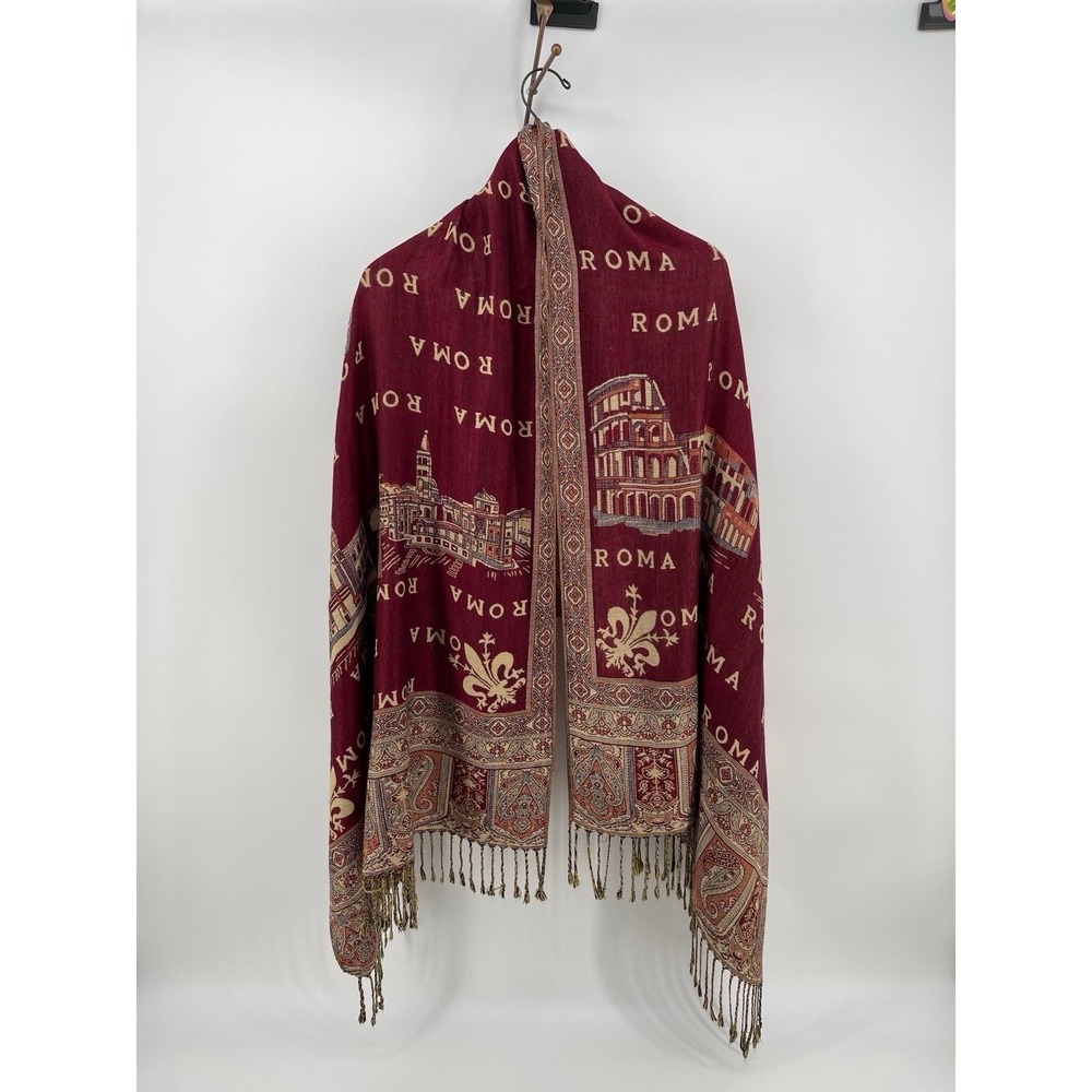 Rome Italy Scarf Shawl Fringe Wrap Burgundy Travel Souvenir Colosseum Print